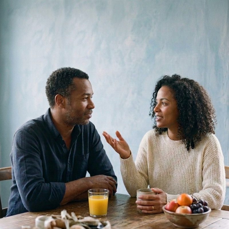Casal conversando à mesa