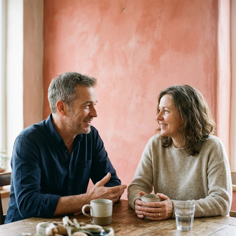 Casal conversando com xícaras de café