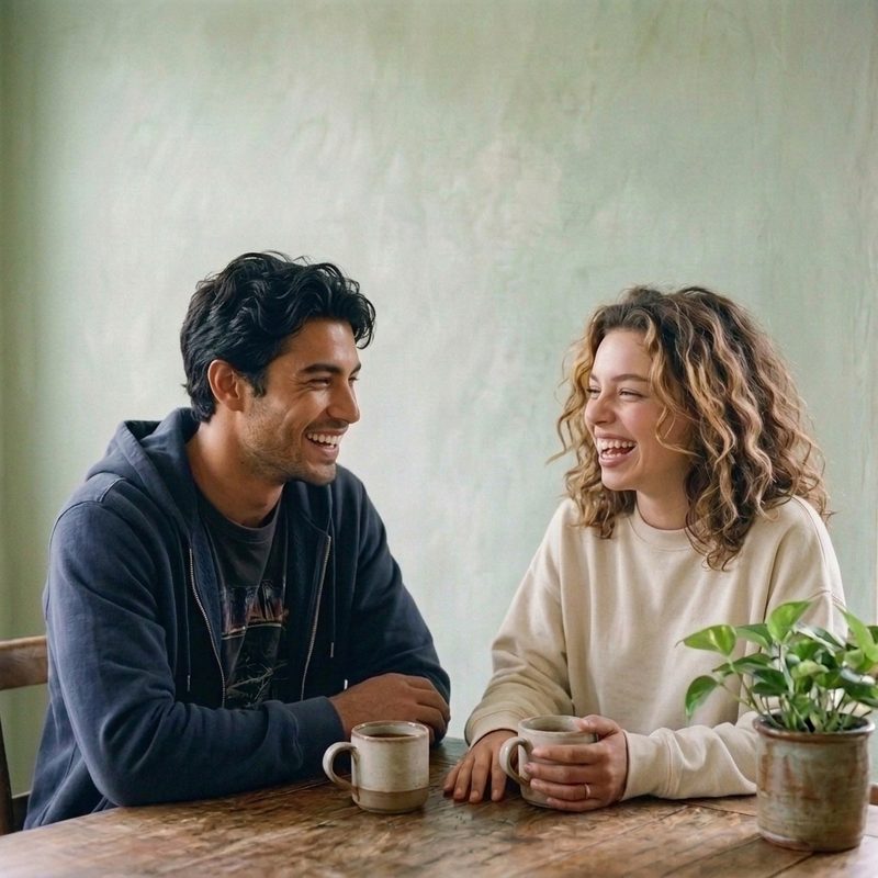 Casal rindo à mesa da cozinha