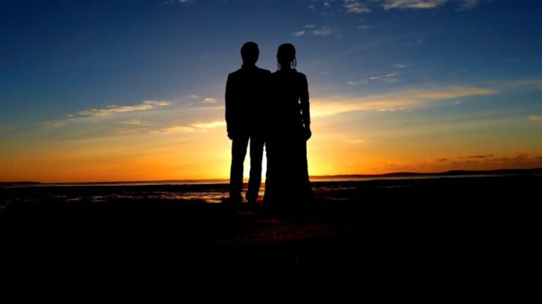 sunset, couple, wedding